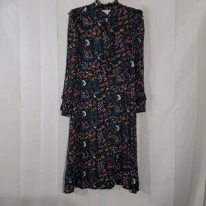 Cottagecore Fairycore dark floral midi dress with ruffles and tiered sleeves.